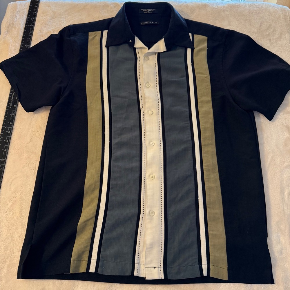 Geoffrey Beene Mens Medium Black Striped Rayon Blend Bowling Camp Shrt Short Slv